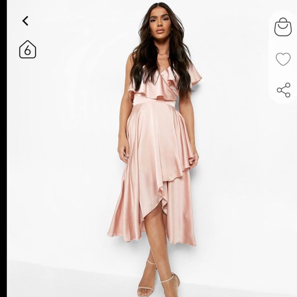 BOOHOO Satin Ruffle Wrap Skater Dress